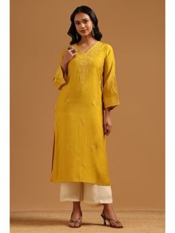 Soch - Mustard Embroidered Regular V-Neck Kurta
