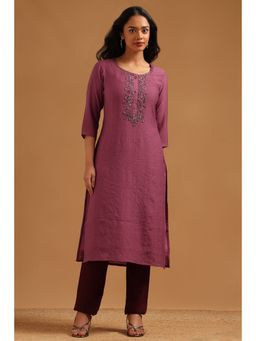 Soch - Pink Embroidered Straight Round Neck Kurta