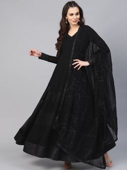 INDDUS - Black Embroidered Flared V-Neck Kurta & Dupatta