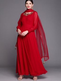 INDDUS - Red Solid/Plain Flared Round Neck Kurta & Dupatta