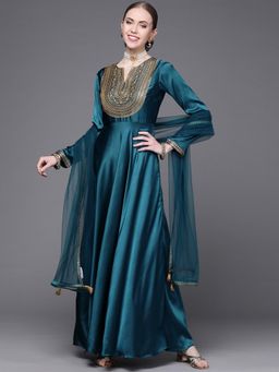 INDDUS - Teal Embellished/Sequined Flared Round Neck Kurta & Dupatta