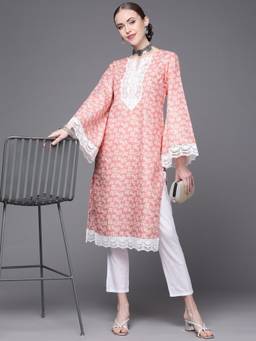 INDDUS - Peach Floral Straight Round Neck Kurta