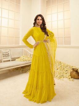 INDDUS - Yellow Embroidered Gathered Boat Neck Kurta & Dupatta