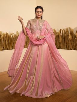 INDDUS - Peach Embellished/Sequined Flared Round Neck Kurta & Dupatta