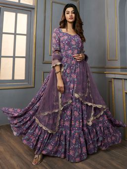 INDDUS - Purple Floral Gathered Sweetheart Kurta & Dupatta