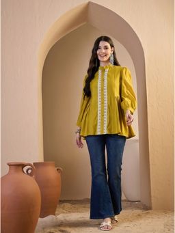 INDDUS - Mustard Solid/Plain Flared Mandarin Neck Tunic