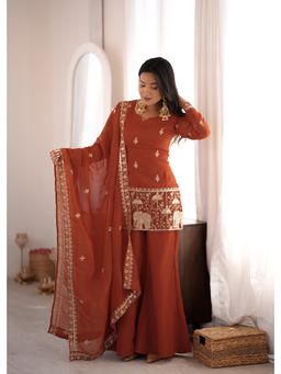 SAJAVAT ETHENIC WEAR - Orange Embroidered A-Line Sweetheart Kurti Palazzo & Dupatta