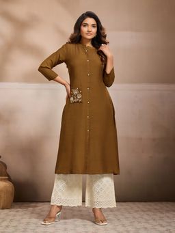 INDDUS - Green Solid/Plain A-Line Mandarin Neck Kurta