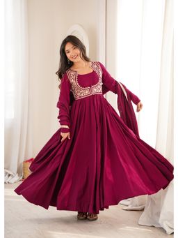 SAJAVAT ETHENIC WEAR - Pink Embroidered Round Neck Anarkali Kurta Pant & Dupatta with Jacket