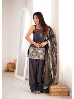 SAJAVAT ETHENIC WEAR - Navy Blue Embroidered A-Line Square Neck Kurti Salwar & Dupatta