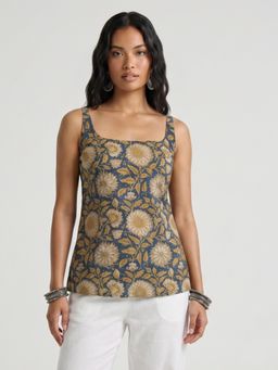 NISHORAMA - Green Floral Slim Square Neck Top
