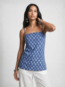 NISHORAMA - Blue Printed Slim Shoulder Straps Top