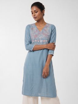 max - Blue Embroidered Straight V-Neck Kurta