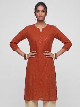 max - Rust Embroidered Straight Round Neck Kurta