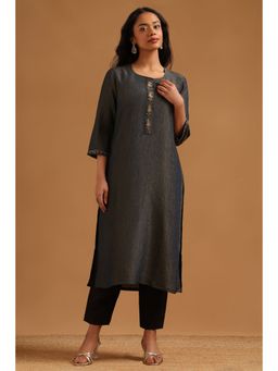 Soch - Charcoal Solid/Plain Straight Round Neck Kurta
