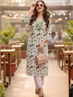 Surhi - Off White Printed Regular V-Neck Kurta