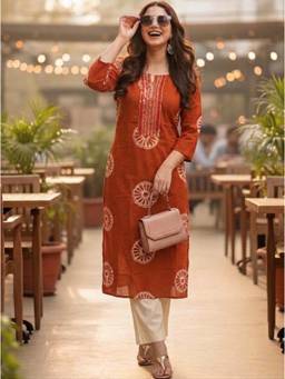 Surhi - Orange Printed Regular Round Neck Kurta