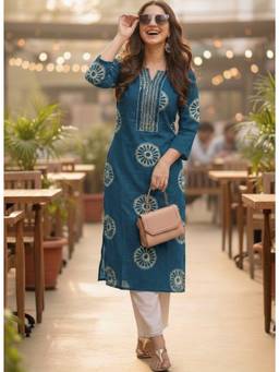 Surhi - Teal Printed Regular Round Neck Kurta