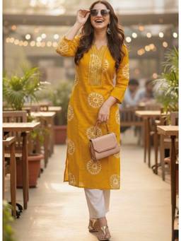 Surhi - Yellow Printed Regular Round Neck Kurta