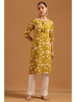 Soch - Yellow Floral Regular Keyhole Neck Neck Kurta