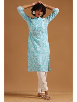 Soch - Blue Floral Straight Mandarin Neck Kurta