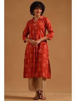 Soch - Orange Floral Regular Collar Neck Kurta