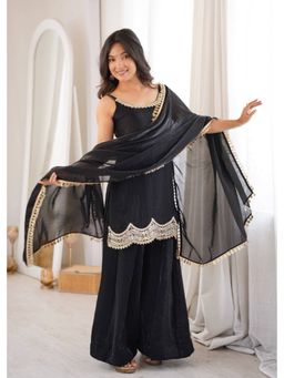 SAJAVAT ETHENIC WEAR - Black Embroidered A-Line Round Neck Kurti Palazzo & Dupatta