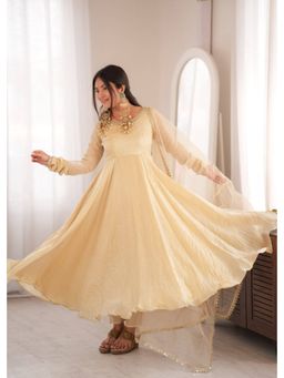 SAJAVAT ETHENIC WEAR - Cream Solid/Plain Flared Round Neck Anarkali Kurta Pant & Dupatta