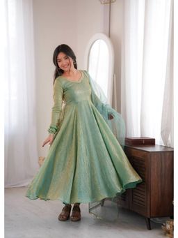 SAJAVAT ETHENIC WEAR - Green Solid/Plain Flared Round Neck Anarkali Kurta Pant & Dupatta