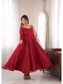 SAJAVAT ETHENIC WEAR - Maroon Solid/Plain Flared Round Neck Anarkali Kurta Pant & Dupatta