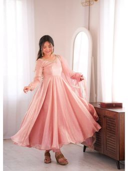 SAJAVAT ETHENIC WEAR - Pink Solid/Plain Flared Round Neck Anarkali Kurta Pant & Dupatta