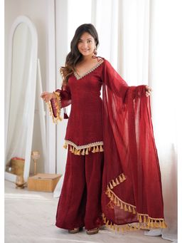 SAJAVAT ETHENIC WEAR - Maroon Embroidered A-Line V-Neck Kurti Palazzo & Dupatta
