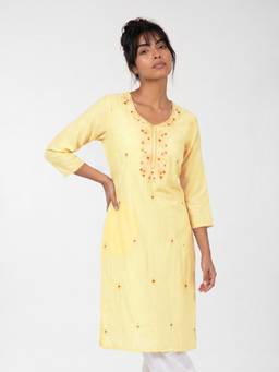 max - Yellow Embroidered Straight Round Neck Kurta