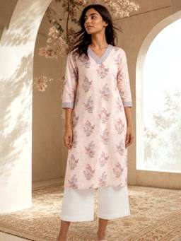 max - Pink Printed Straight V-Neck Kurta
