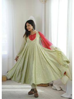 SAJAVAT ETHENIC WEAR - Green Embroidered Flared V-Neck Anarkali Kurta Pant & Dupatta