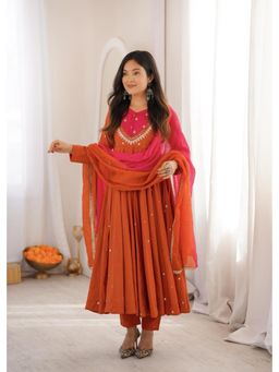 SAJAVAT ETHENIC WEAR - Rust Embroidered Flared V-Neck Anarkali Kurta Pant & Dupatta