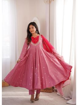 SAJAVAT ETHENIC WEAR - Peach Embroidered Flared V-Neck Anarkali Kurta Pant & Dupatta