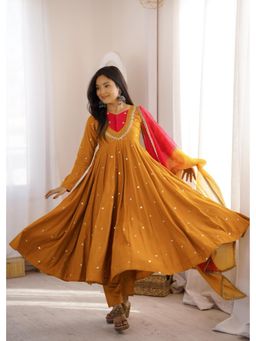 SAJAVAT ETHENIC WEAR - Mustard Embroidered Flared V-Neck Anarkali Kurta Pant & Dupatta