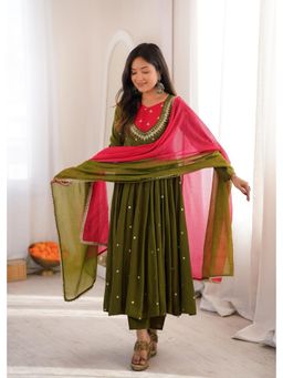 SAJAVAT ETHENIC WEAR - Olive Embroidered Flared V-Neck Anarkali Kurta Pant & Dupatta