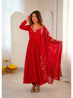 SAJAVAT ETHENIC WEAR - Red Mirror Work Flared Sweetheart Anarkali Kurta Pant & Dupatta