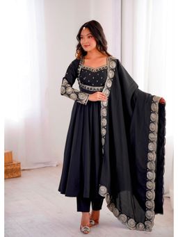 SAJAVAT ETHENIC WEAR - Black Embroidered Flared Square Neck Anarkali Kurta Pant & Dupatta