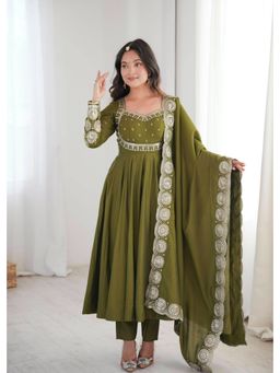 SAJAVAT ETHENIC WEAR - Green Embroidered Flared Square Neck Anarkali Kurta Pant & Dupatta