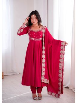SAJAVAT ETHENIC WEAR - Maroon Embroidered Flared Square Neck Anarkali Kurta Pant & Dupatta