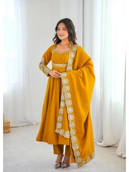 SAJAVAT ETHENIC WEAR - Yellow Embroidered Flared Square Neck Anarkali Kurta Pant & Dupatta