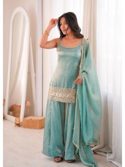 SAJAVAT ETHENIC WEAR - Aqua Embroidered A-Line Round Neck Kurti Palazzo & Dupatta