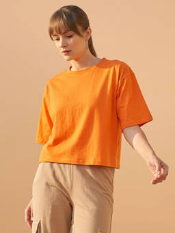 QIOA - Women Orange Loose Fit Round Neck Drop Shoulder Crop T-Shirt