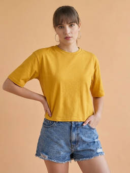 QIOA - Women Mustard Loose Fit Round Neck Drop Shoulder Crop T-Shirt