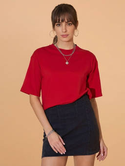 QIOA - Women Red Loose Fit Round Neck Boxy Fit Drop Shoulder Baggy Fit Cropped T-Shirt