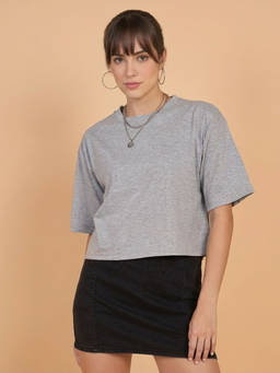 QIOA - Women Grey Loose Fit Round Neck Drop Shoulder Crop T-Shirt