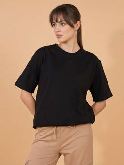 QIOA - Women Black Oversized Round Neck Long T-Shirt